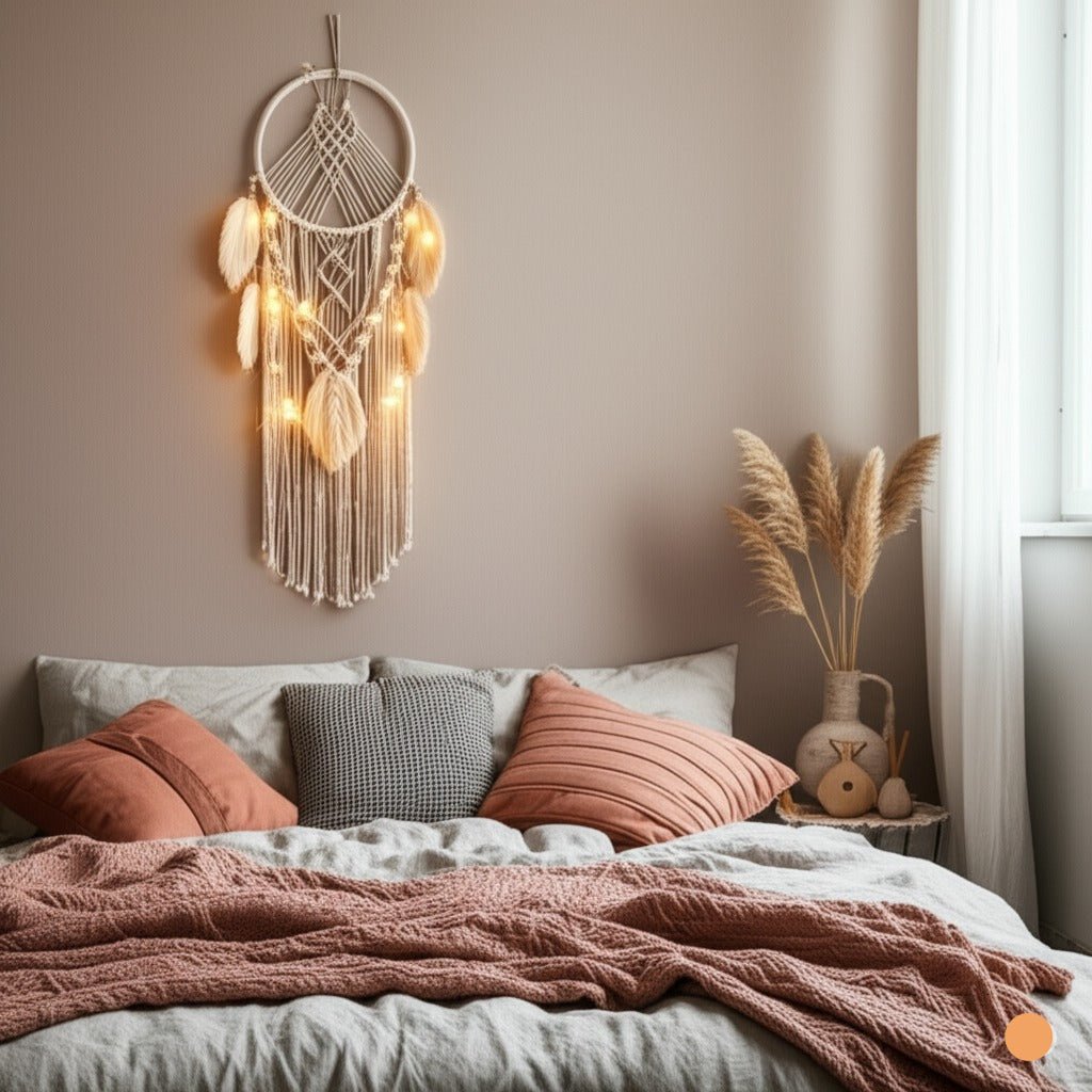 Un attrape-rêves en macramé beige, orné de plumes claires et de délicates lumières, suspendu au-dessus d'un lit douillet.
Des coussins aux tons chauds de terre et une couverture texturée créent une ambiance bohème et relaxante dans la chambre.
Un vase en céramique avec des herbes de pampa et une petite table de chevet en bois ajoutent une touche naturelle.
L'ensemble évoque une atmosphère paisible et artisanale.