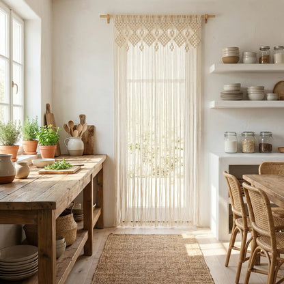 Rideau cuisine en macramé bohème tissé main en coton naturel suspendu dans cuisine moderne avec lumière naturelle