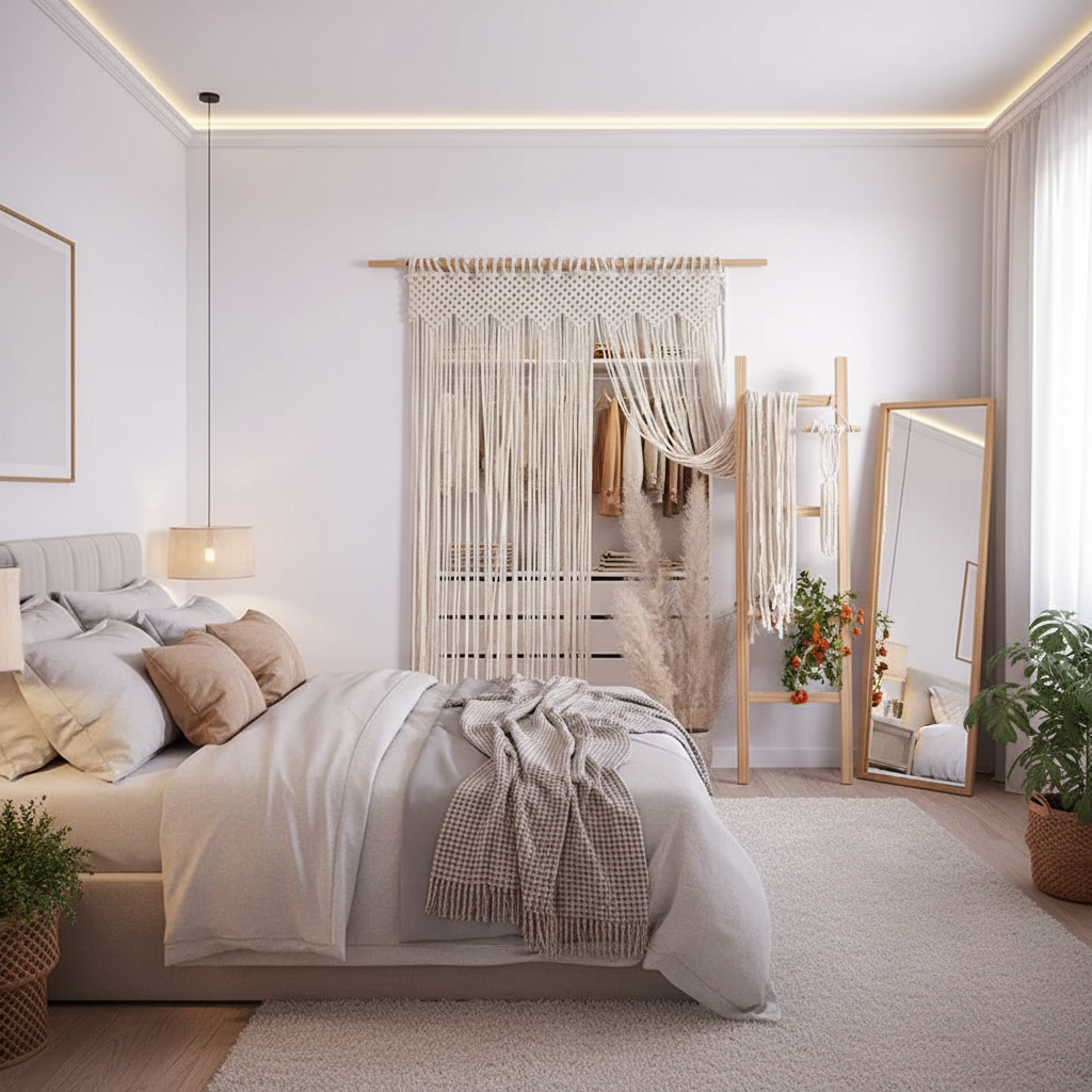 Rideau de porte macramé beige chambre parentale créant séparation douce avec dressing ambiance cosy