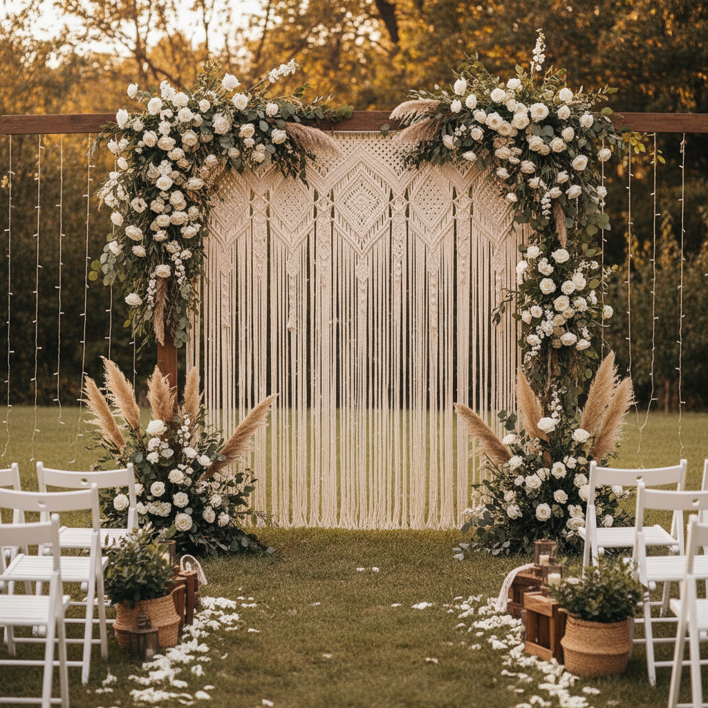 Rideau de porte macramé beige décorant cérémonie mariage bohème arche florale ambiance romantique