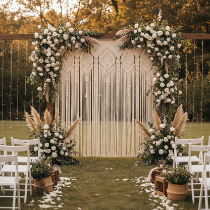 Rideau de porte macramé beige décorant cérémonie mariage bohème arche florale ambiance romantique