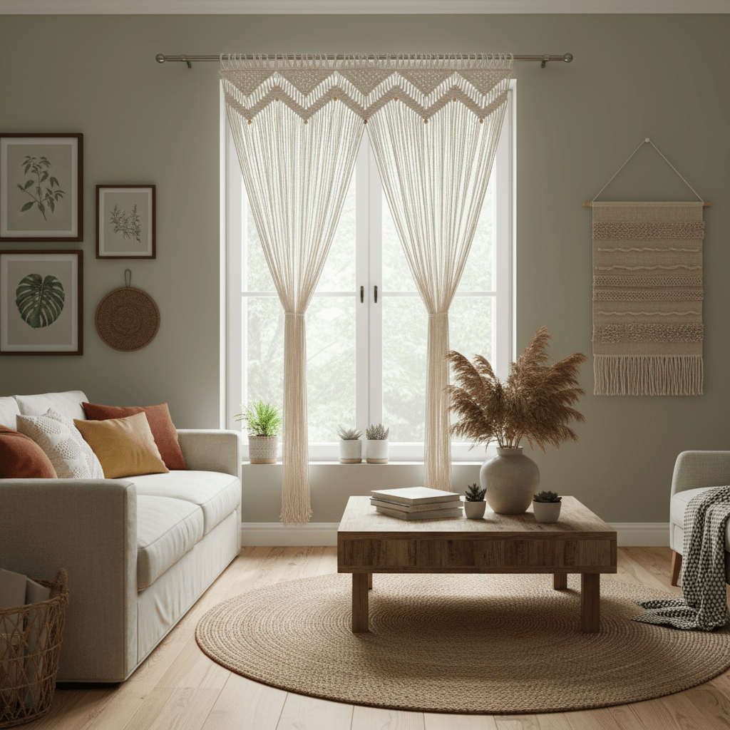 Rideau en macramé artisanal beige dans salon bohème-chic - décoration intérieure chaleureuse