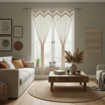 Rideau en macramé artisanal beige dans salon bohème-chic - décoration intérieure chaleureuse