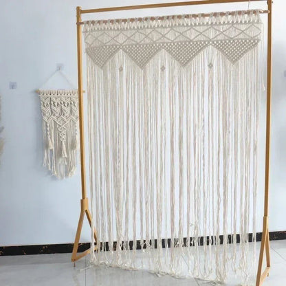 Rideau en macramé bohème coton naturel beige tissé main avec motifs géométriques pour décoration fenêtre