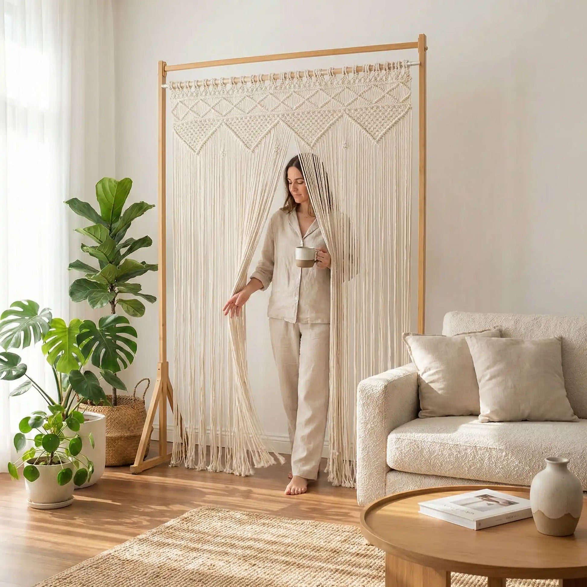 Rideau en macramé bohème en coton naturel tissé main décoration intérieure élégante et artisanale