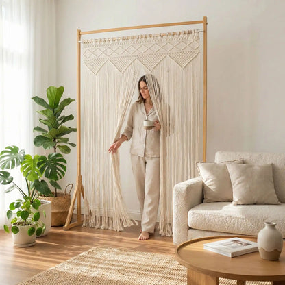 Rideau en macramé bohème en coton naturel tissé main décoration intérieure élégante et artisanale