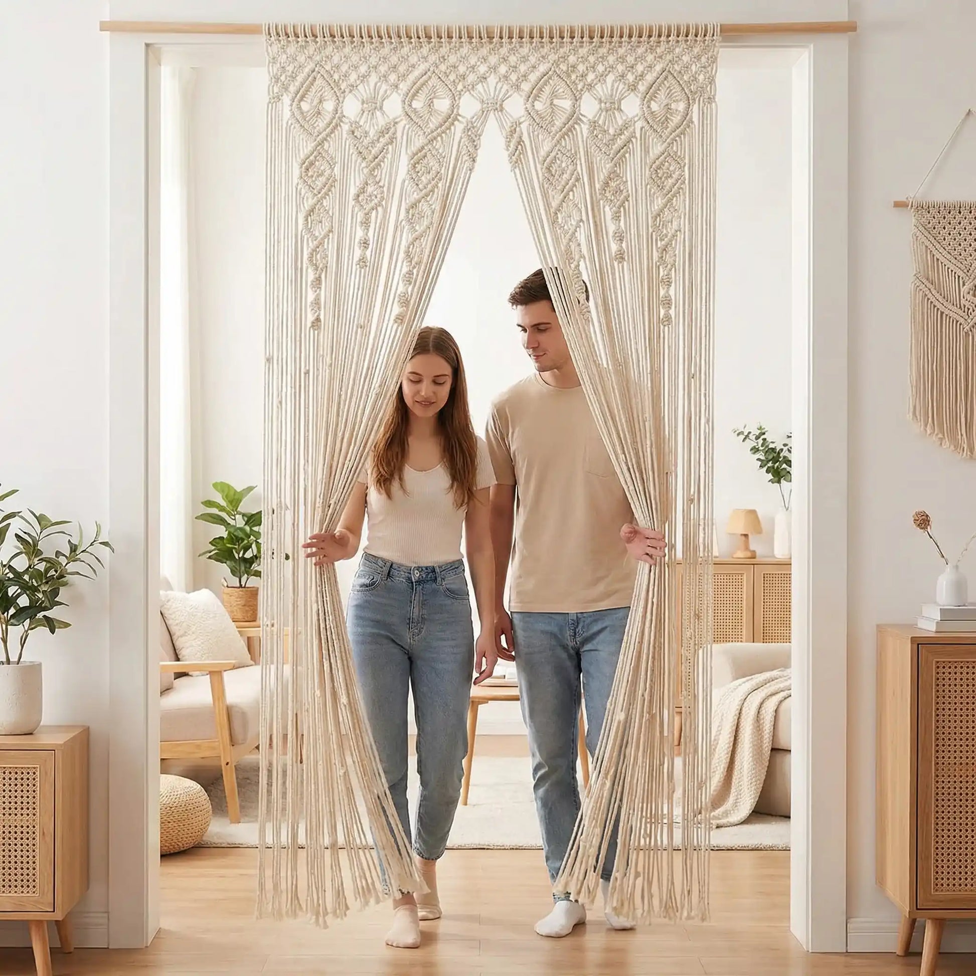 Rideau en macramé coton naturel beige avec franges délicates style bohème artisanal fait main