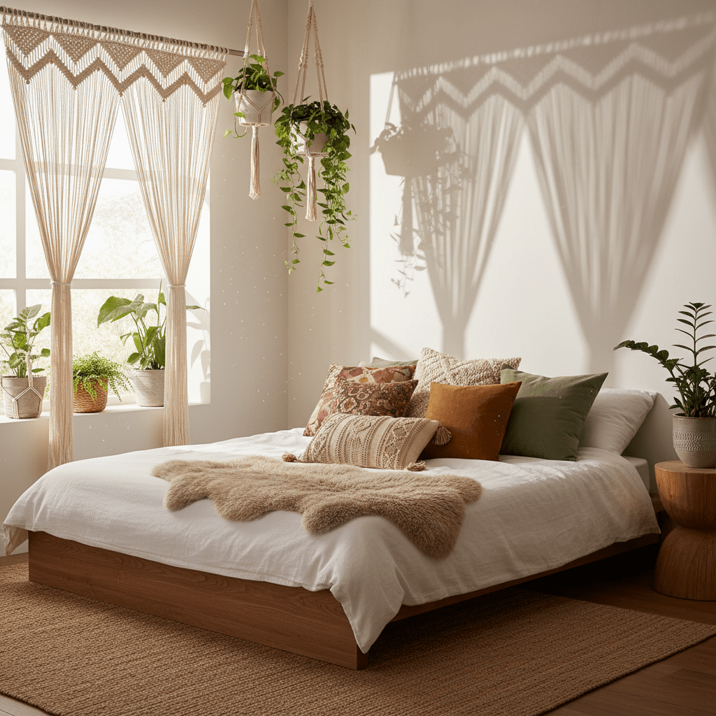 Rideau en macramé fenêtre chambre bohème lumière douce - ambiance romantique apaisante