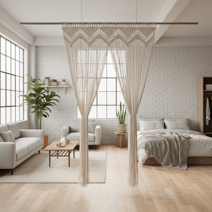 Rideau en macramé séparateur d'espace loft nordique-minimaliste - division élégante fonctionnelle
