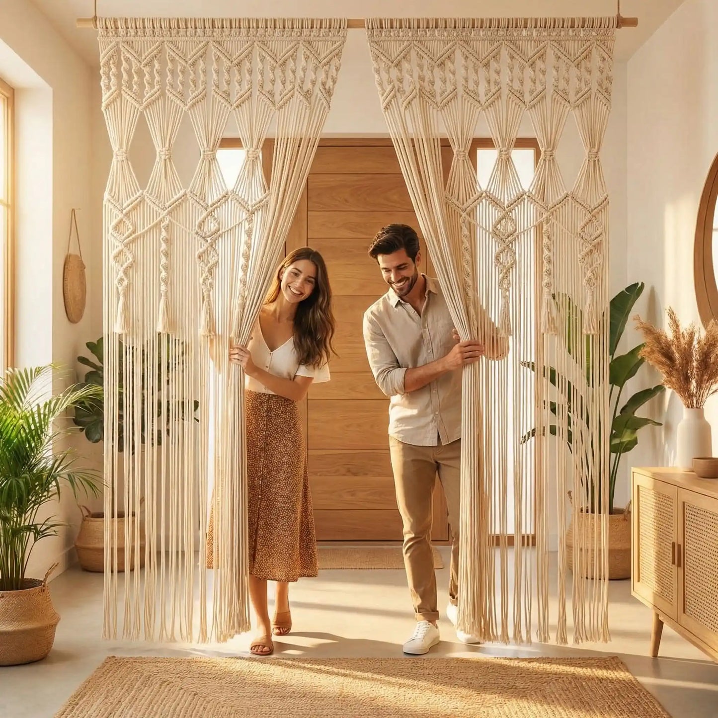 Rideau macramé centrakor coton naturel beige avec franges délicates style bohème artisanal fait main