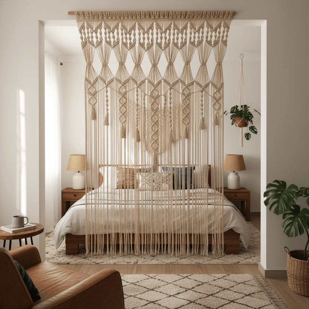 Rideau macramé centrakor beige séparateur espace chambre bohème créant zone intime avec lumière naturelle