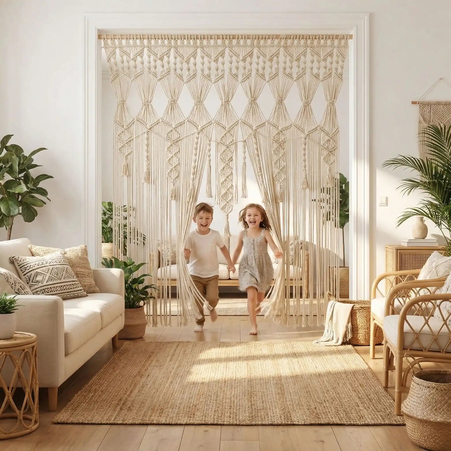 Rideau macramé centrakor bohème en coton naturel tissé main décoration intérieure minimaliste élégante