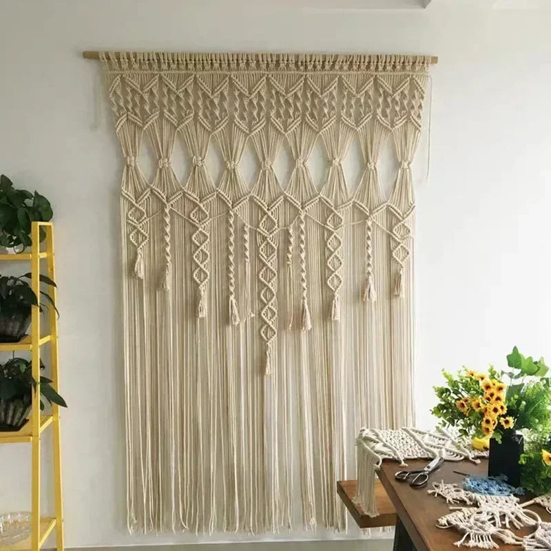 Rideau macramé centrakor coton naturel beige avec franges délicates style bohème artisanal fait main