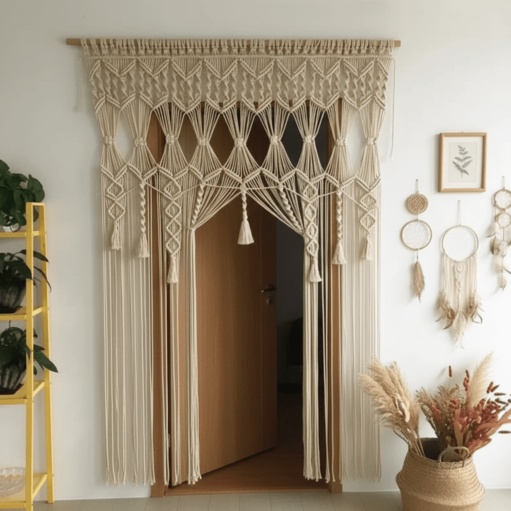 Rideau macramé centrakor coton naturel encadrant porte entrée style bohème nordique avec panier rotin