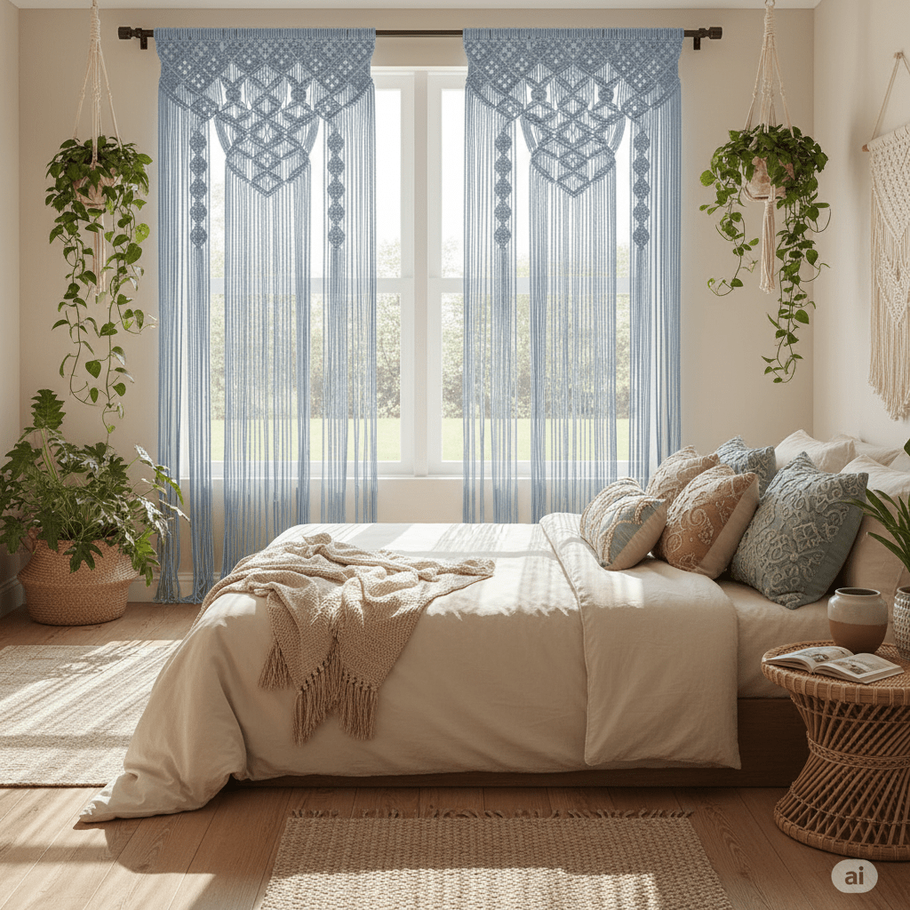 Rideau macrame fenêtre chambre bohème lumière douce - ambiance romantique apaisante