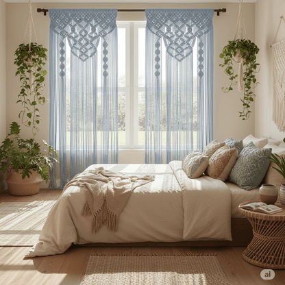 Rideau macrame fenêtre chambre bohème lumière douce - ambiance romantique apaisante