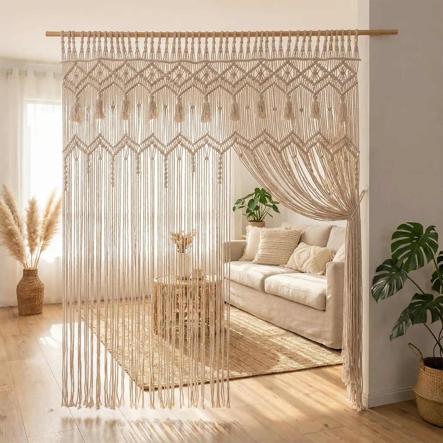 Rideaux Cuisine en Macramé coton naturel porte filtrant lumière naturelle ambiance douce rustique moderne