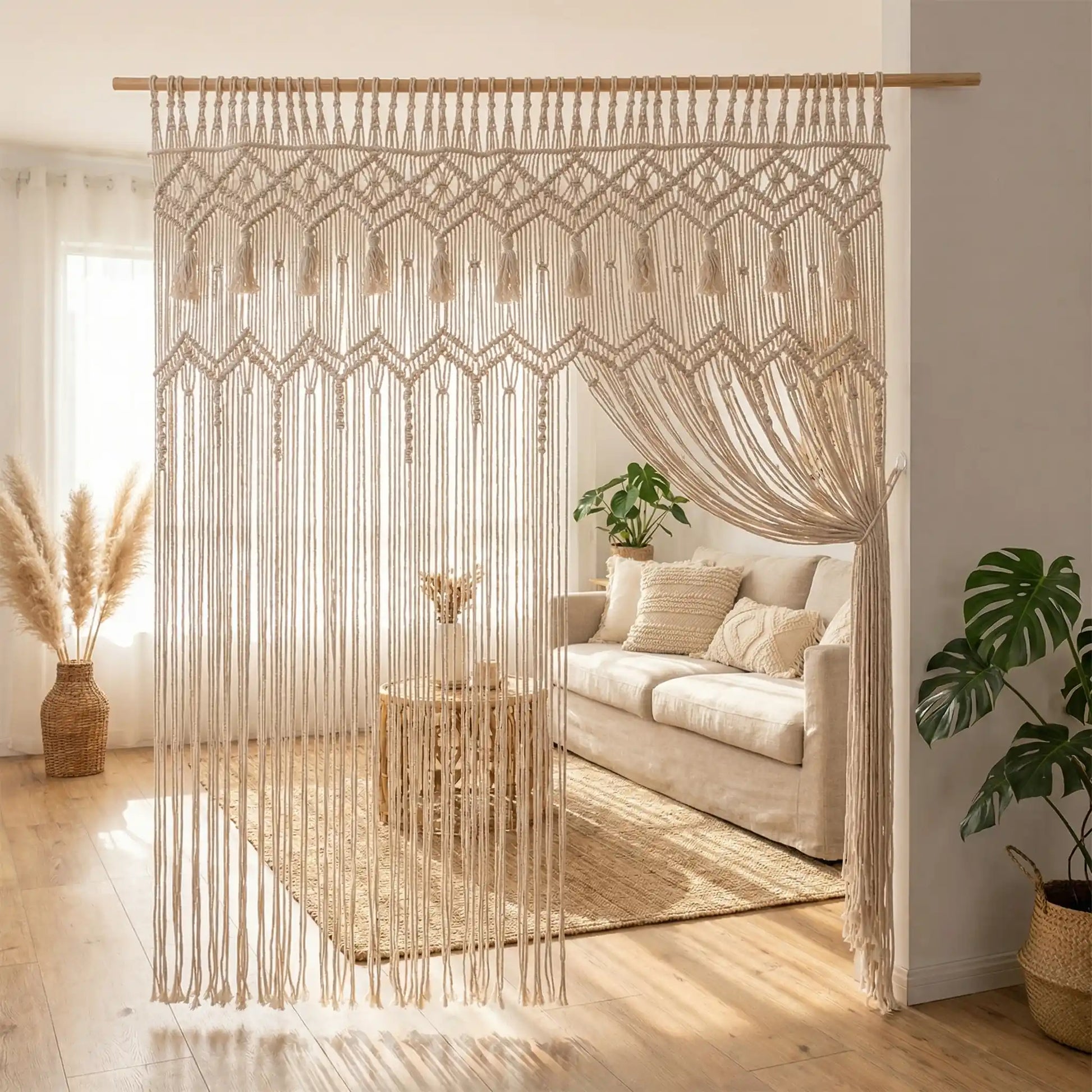 Rideaux Cuisine en Macramé coton naturel porte filtrant lumière naturelle ambiance douce rustique moderne