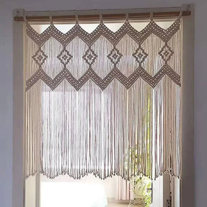 Rideaux en macramé Trame Dorée, style bohème chic, coton naturel, tissage artisanal doré