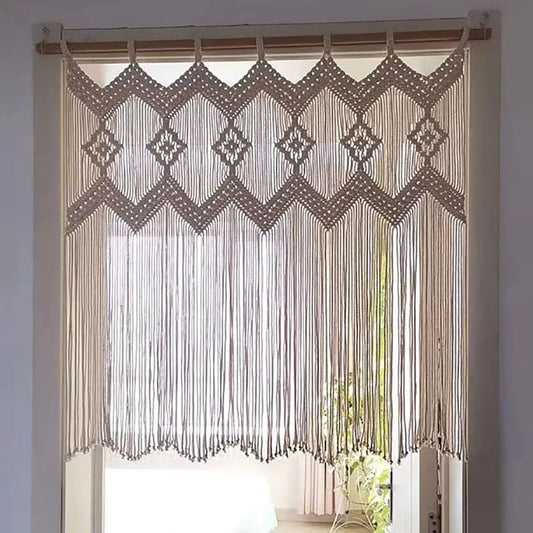 Rideaux en macramé Trame Dorée, style bohème chic, coton naturel, tissage artisanal doré