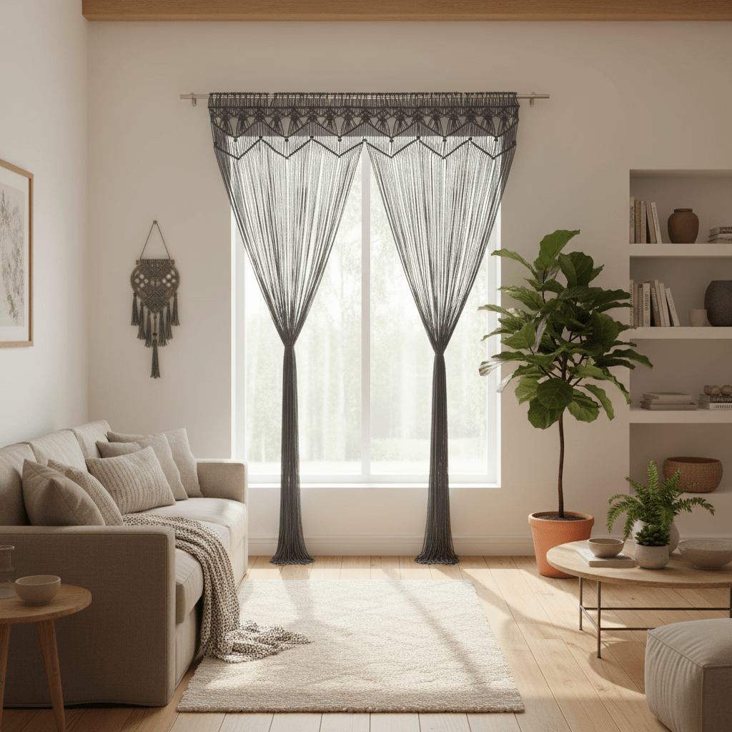 Rideaux en macramé artisanaux en coton dans salon bohème-chic - décoration intérieure chaleureuse