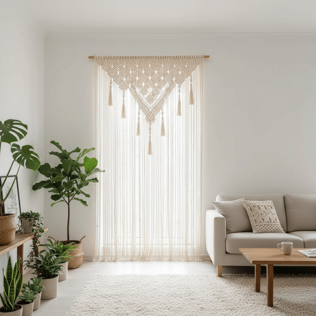 Rideaux en macramé bohème coton naturel beige dans salon lumineux avec décoration minimaliste et plantes