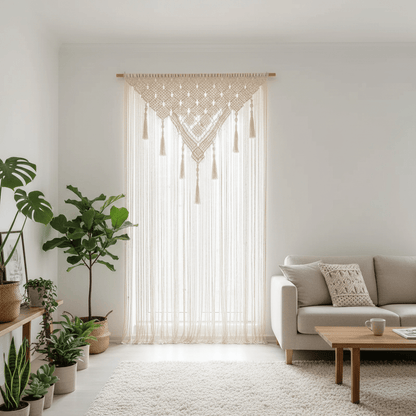 Rideaux en macramé bohème coton naturel beige dans salon lumineux avec décoration minimaliste et plantes