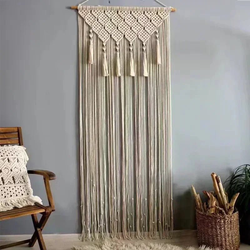 Rideaux en macramé bohème coton naturel beige tissés main style artisanal pour décoration fenêtre