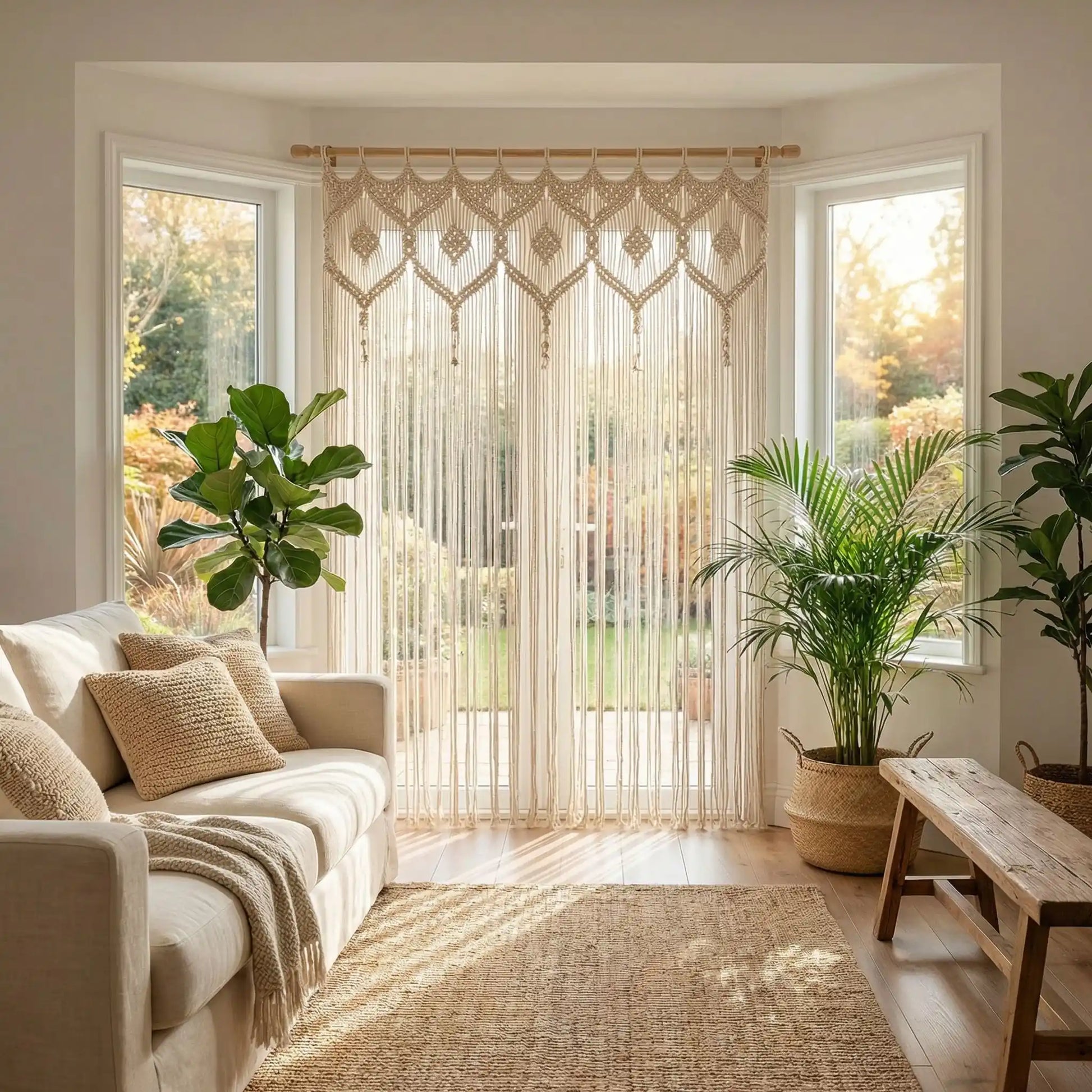 Rideaux en macramé coton naturel décoration fenêtre filtrant lumière créant ombres douces intérieur bohème