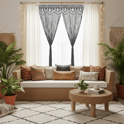 Rideaux en macramé salon bohème-chic élément central - intégration harmonieuse décoration tendance