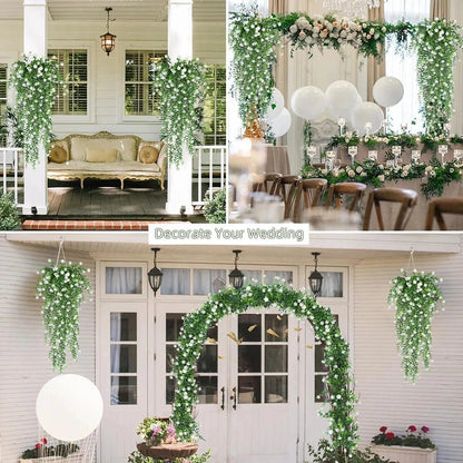 Trois scènes de mariage avec des fleurs blanches et vertes : une balançoire de porche, une table de banquet avec des ballons et une porte arquée, le tout décoré de plantes artificielles tombantes Cascade Bohème pour un décor luxuriant et vibrant.