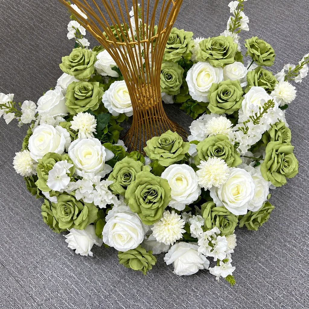 Couronne de fleurs artificielles vert et blanc, roses vert sauge