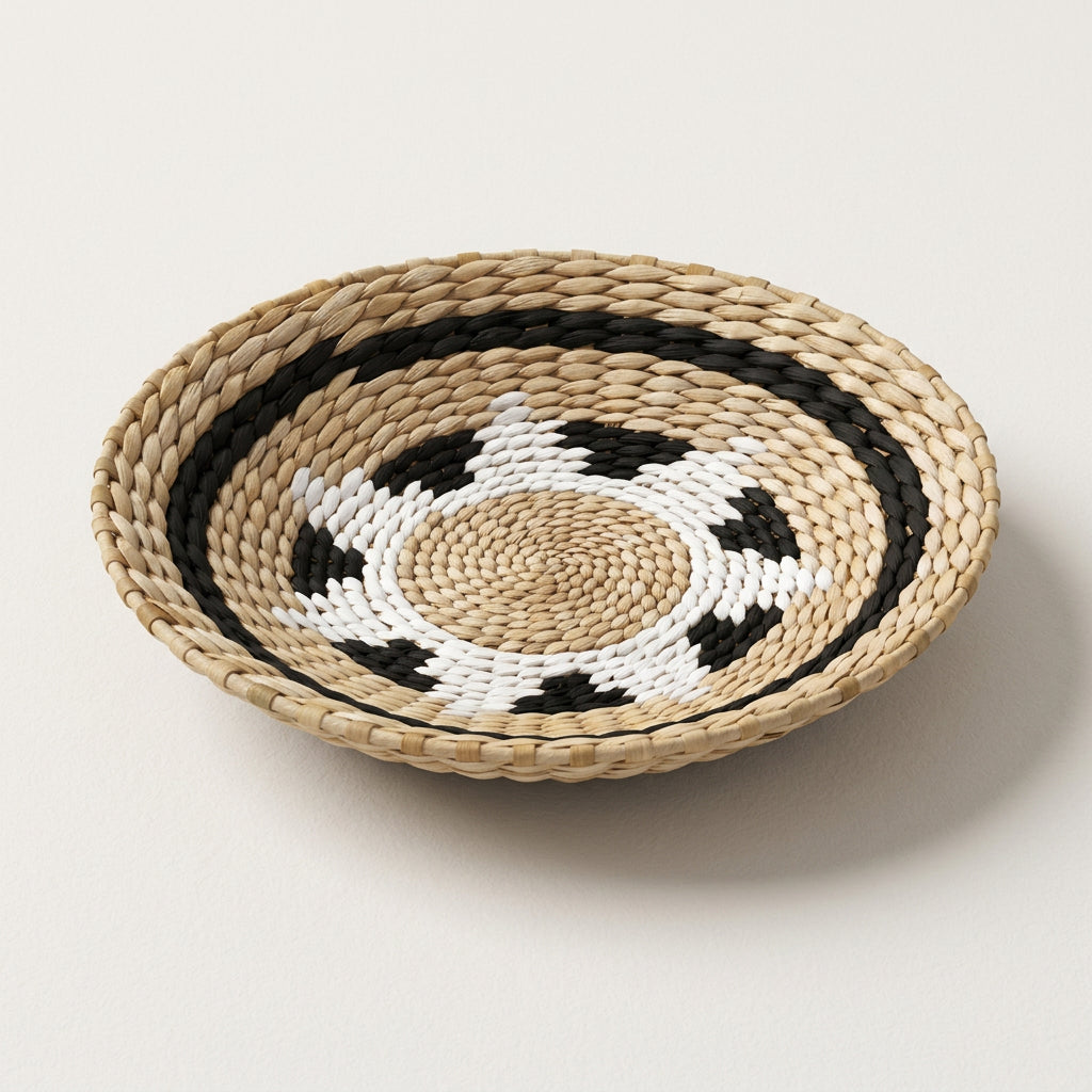 Disque mural tressé noir et blanc, motif d'étoile, centre naturel