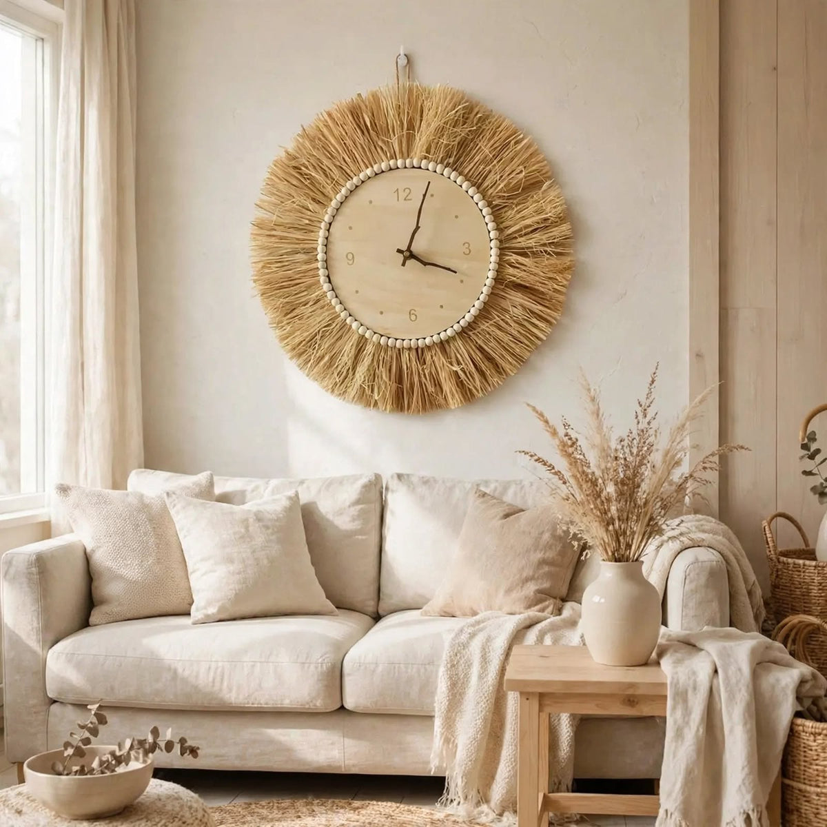 Horloge paille tissée main — Silencieuse, déco nordique
