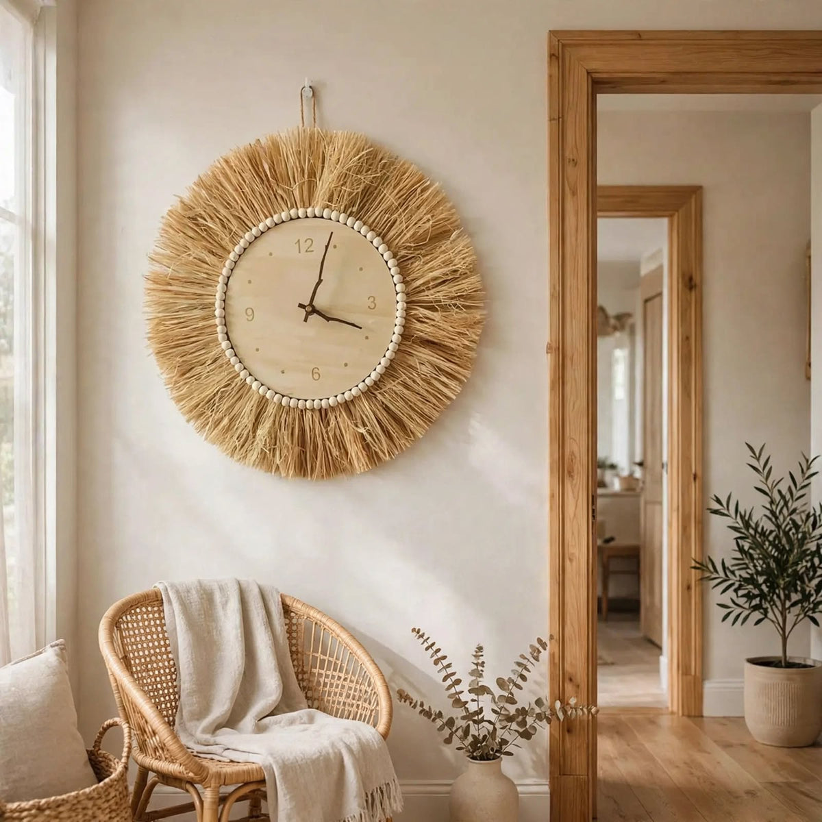 Horloge paille tissée main — Silencieuse, déco nordique