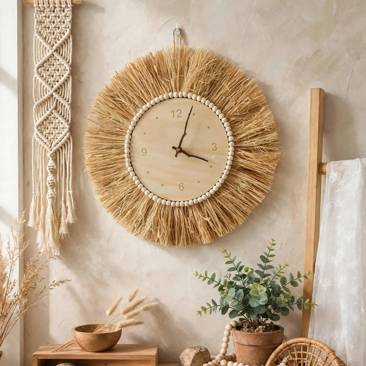 Horloge paille tissée main — Silencieuse, déco nordique
