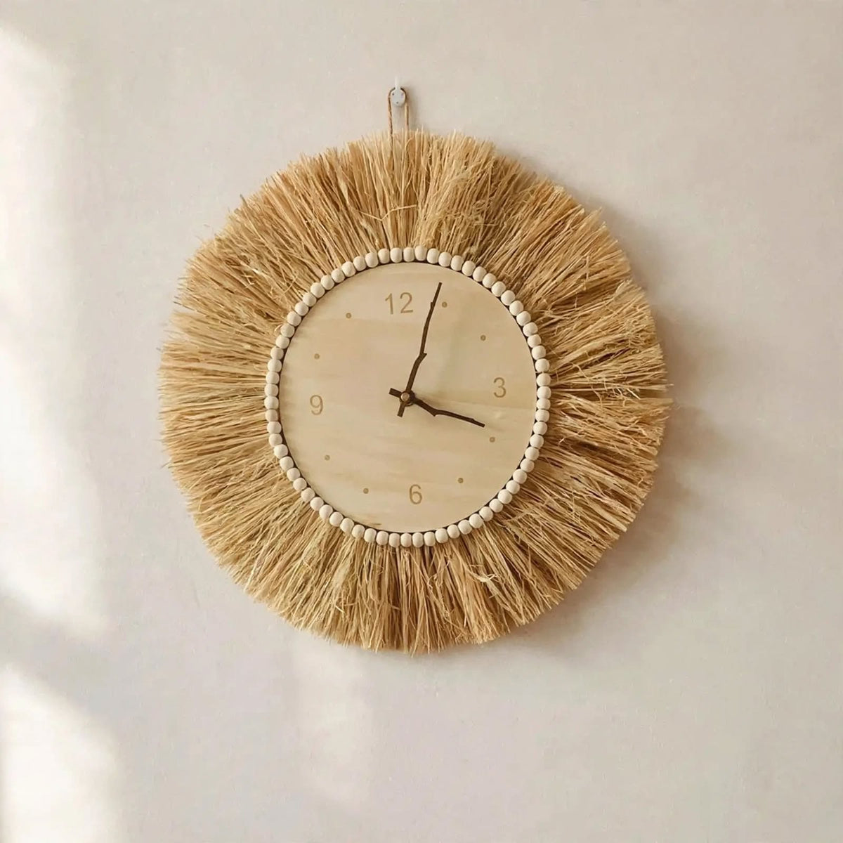 Horloge paille tissée main — Silencieuse, déco nordique