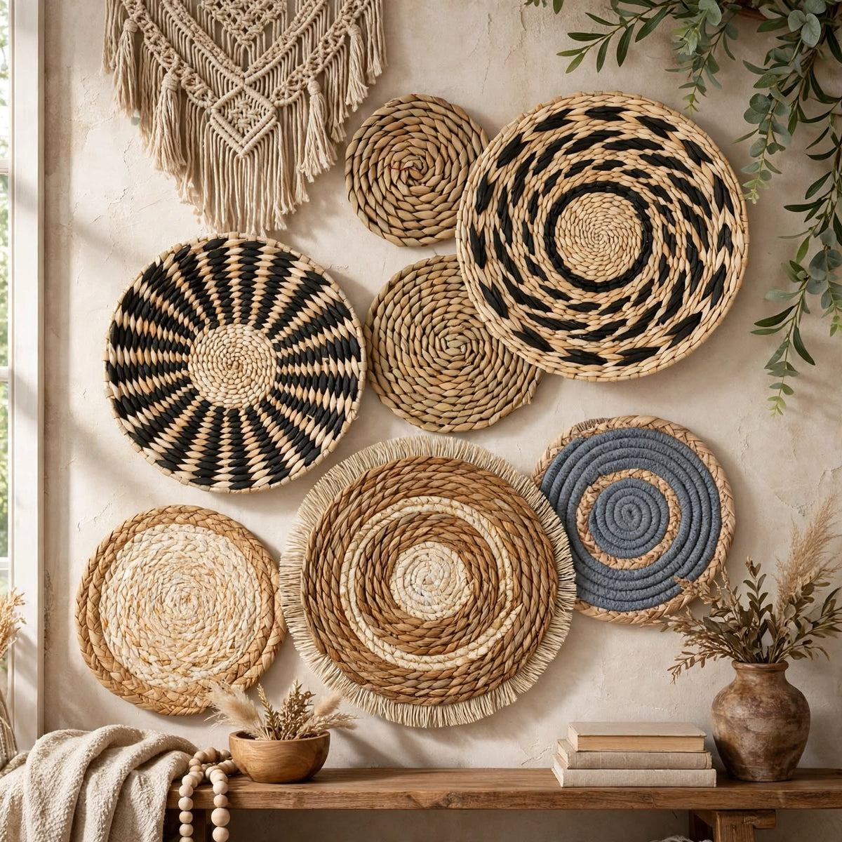 Décoration murale paille — Lot de 7 paniers tressés