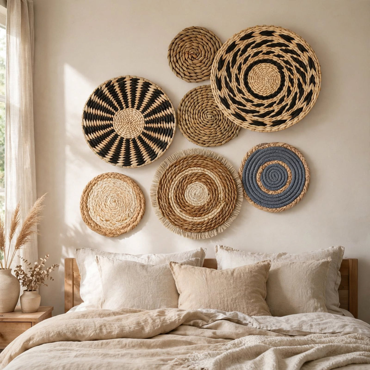 Décoration murale paille — Lot de 7 paniers tressés
