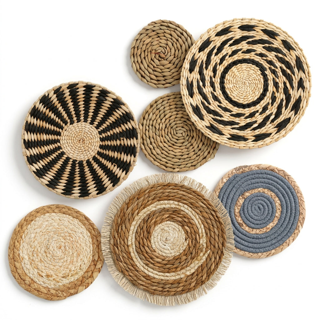 Décoration murale paille — Lot de 7 paniers tressés