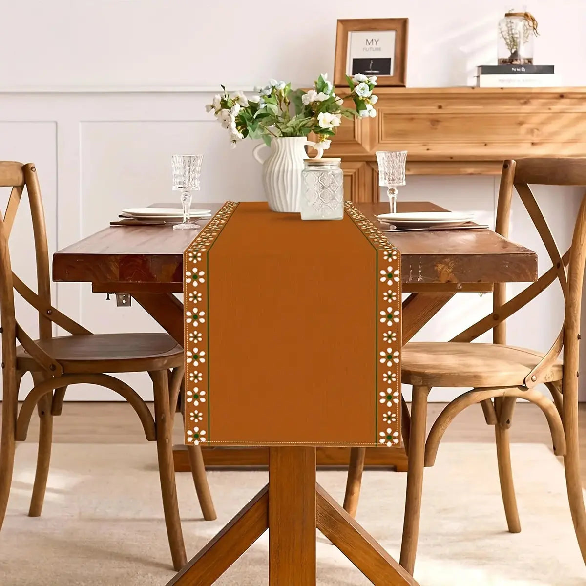 Chemin de table terracotta lin 33x180cm décoration champetre
