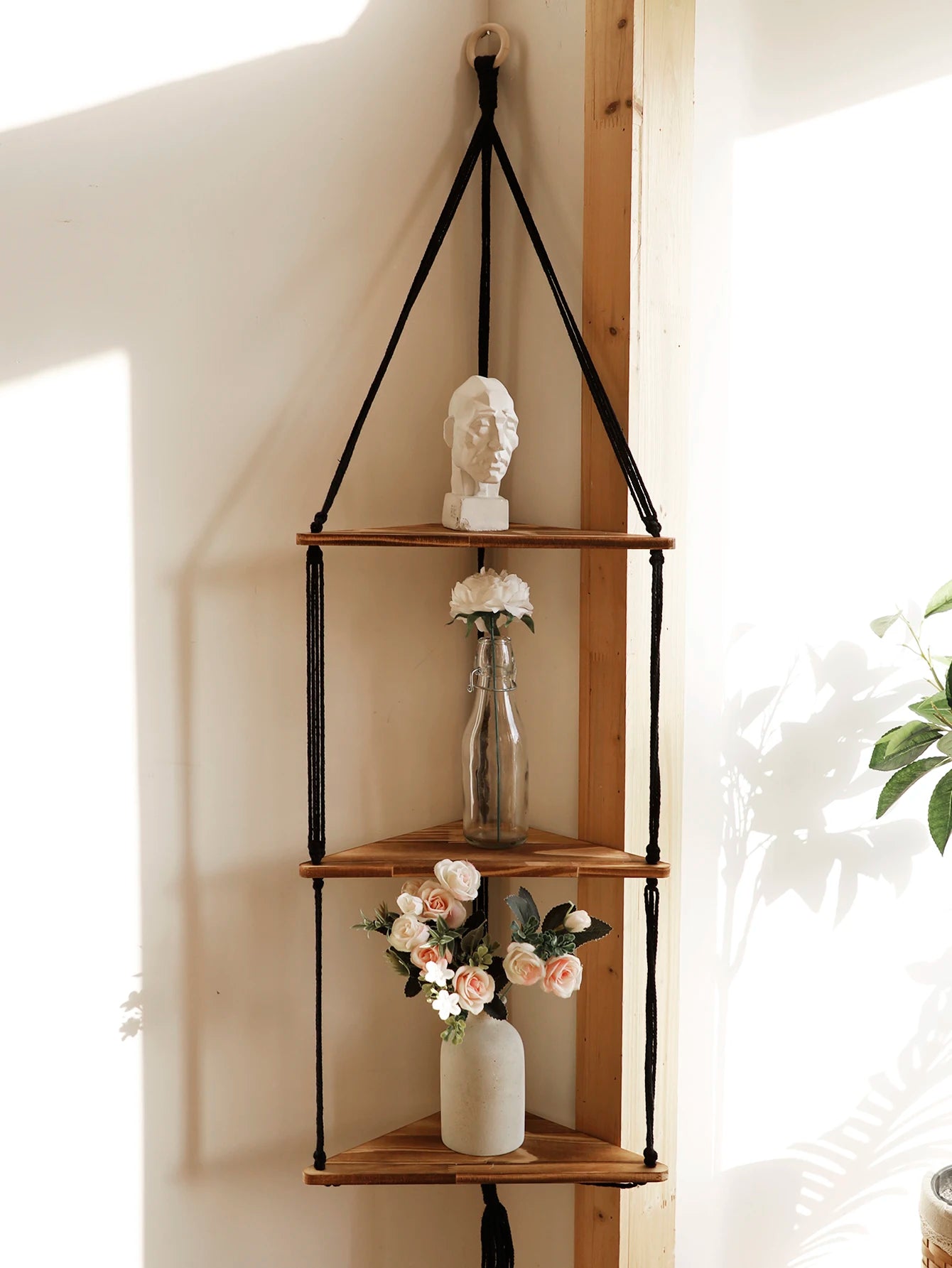 Etagere murale bois naturel macramé 3 niveaux suspendue bohème artisanal
