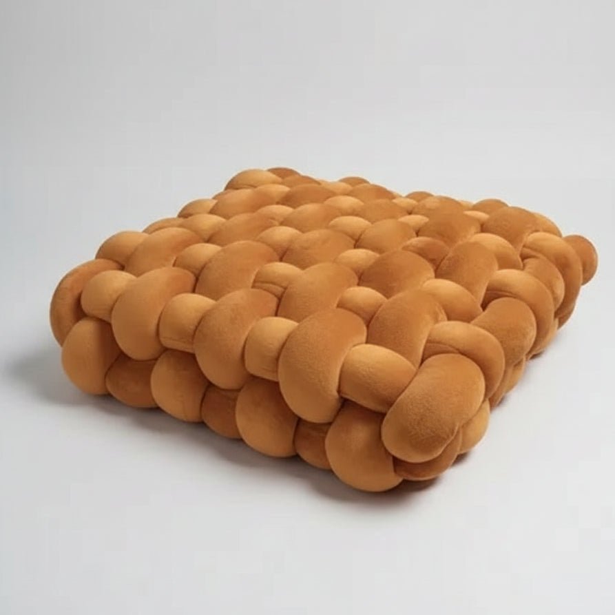 Grand coussin canapé velours caramel noué main 40x40cm scandinave