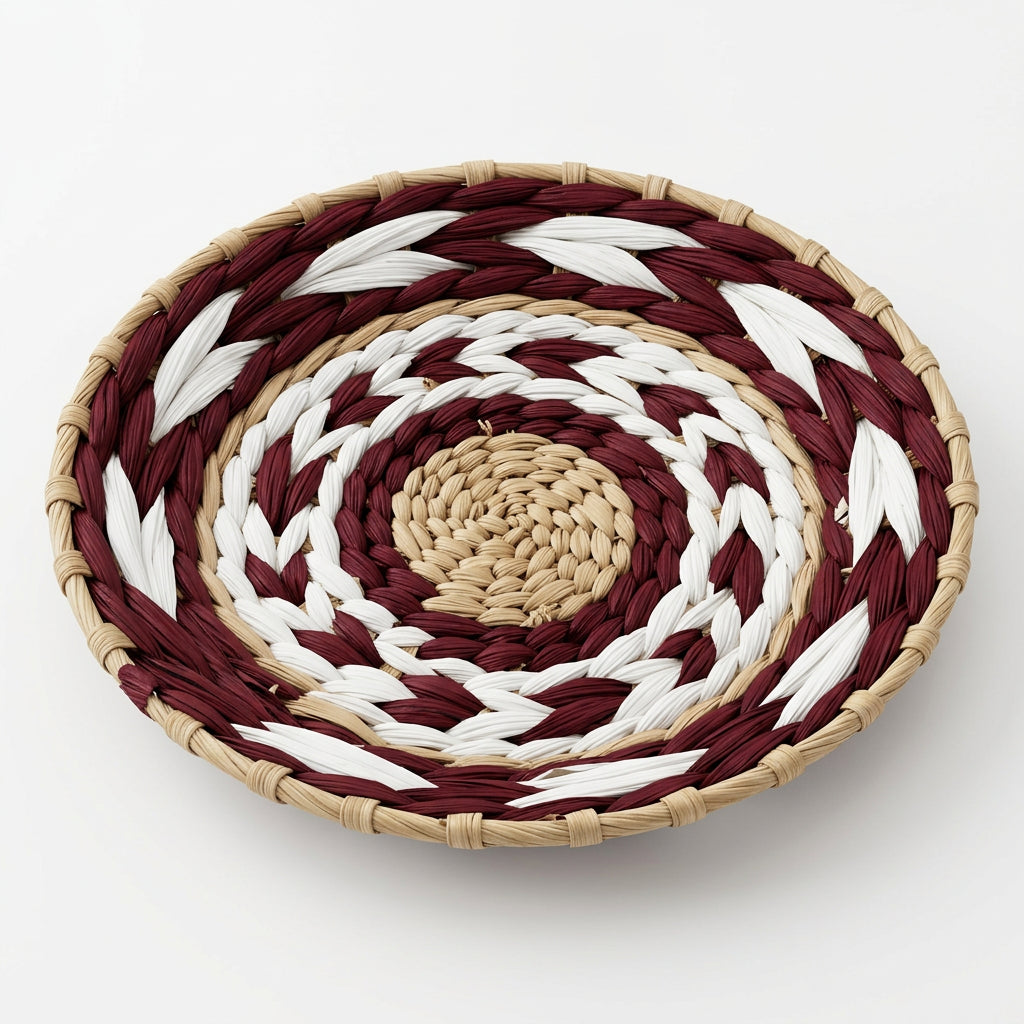 Disque mural tressé rouge brique, blanc et naturel, motif de flèches