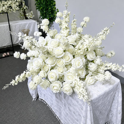 Boule de fleurs artificielles blanche, roses et delphiniums, centre de table