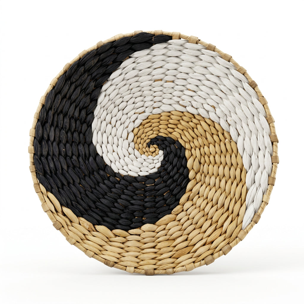Disque mural en seagrass tressé, spirale noire, blanche et naturelle