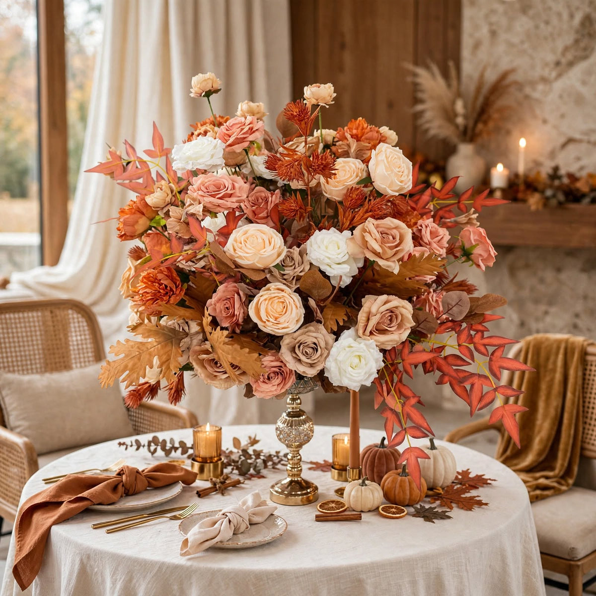Boule de fleurs artificielles terracotta en situation, décoration d'automne