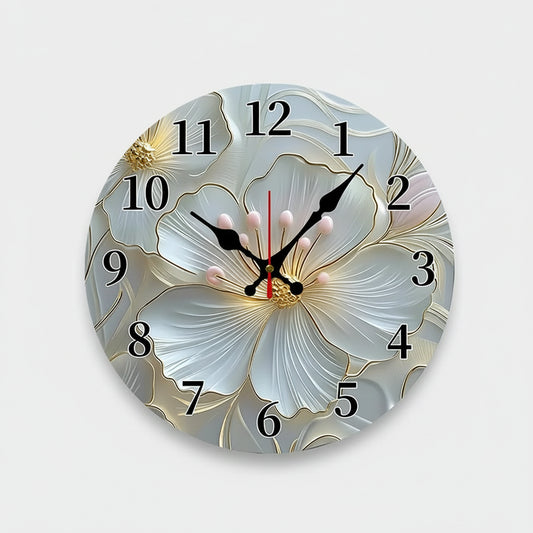Horloge murale ronde en bois avec motifs floraux dorés et roses roses, silencieuse, pour salon, bureau ou chambre.