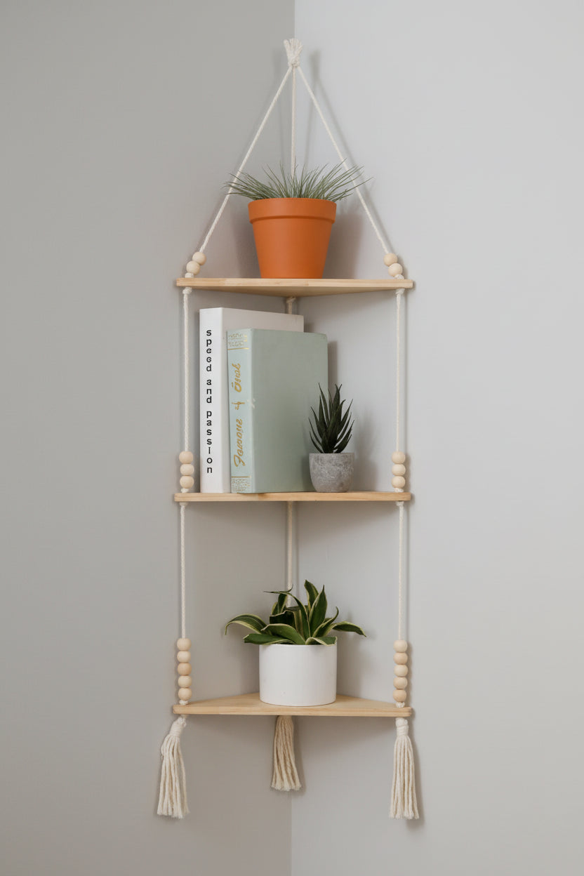 Etagere murale bois naturel triangulaire corde tressée décoration murale
