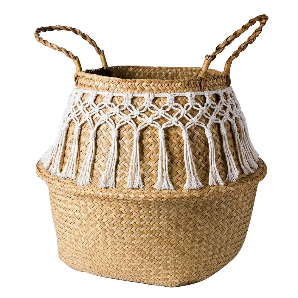 Panier en Jonc de Mer à Pompons | Cache-Pot Bohème Pliable 22 à 32cm